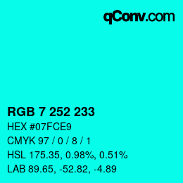 カラーコード: RGB 7 252 233 | qconv.com