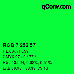カラーコード: RGB 7 252 57 | qconv.com