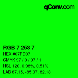 カラーコード: RGB 7 253 7 | qconv.com