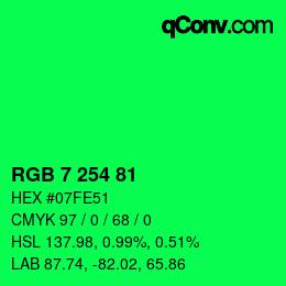 カラーコード: RGB 7 254 81 | qconv.com