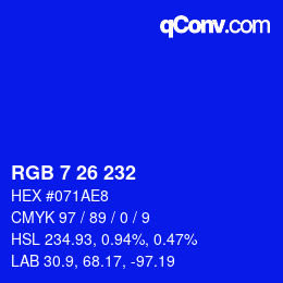 Color code: RGB 7 26 232 | qconv.com