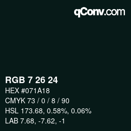 カラーコード: RGB 7 26 24 | qconv.com