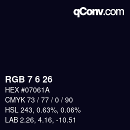 颜色代码: RGB 7 6 26 | qconv.com
