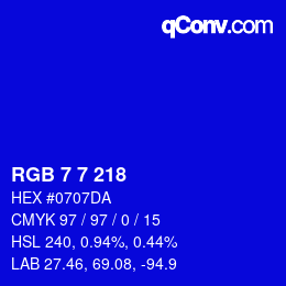 颜色代码: RGB 7 7 218 | qconv.com