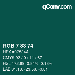 Color code: RGB 7 83 74 | qconv.com