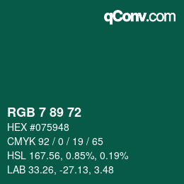 Color code: RGB 7 89 72 | qconv.com