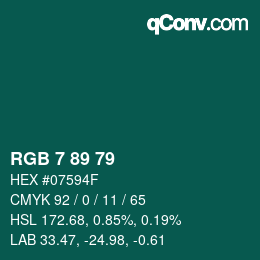 Color code: RGB 7 89 79 | qconv.com