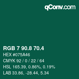 カラーコード: RGB 7 90.8 70.4 | qconv.com