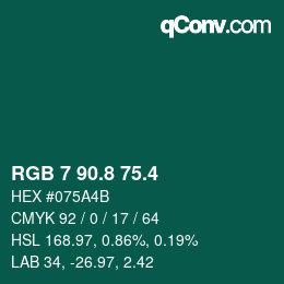 カラーコード: RGB 7 90.8 75.4 | qconv.com