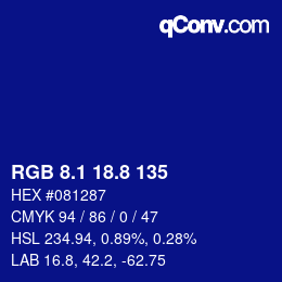 カラーコード: RGB 8.1 18.8 135 | qconv.com