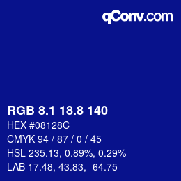 カラーコード: RGB 8.1 18.8 140 | qconv.com
