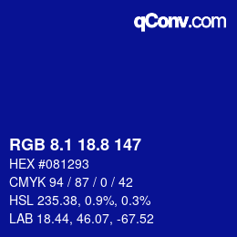 カラーコード: RGB 8.1 18.8 147 | qconv.com