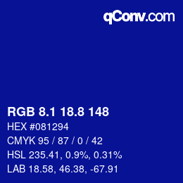 カラーコード: RGB 8.1 18.8 148 | qconv.com
