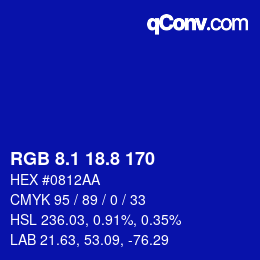 カラーコード: RGB 8.1 18.8 170 | qconv.com