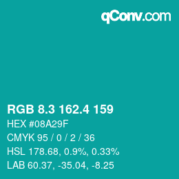 カラーコード: RGB 8.3 162.4 159 | qconv.com