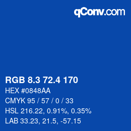 カラーコード: RGB 8.3 72.4 170 | qconv.com