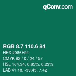 カラーコード: RGB 8.7 110.6 84 | qconv.com