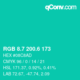 カラーコード: RGB 8.7 200.6 173 | qconv.com