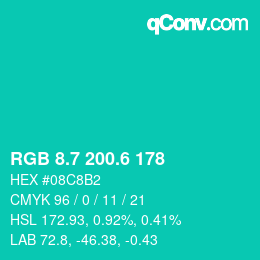 カラーコード: RGB 8.7 200.6 178 | qconv.com