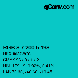 カラーコード: RGB 8.7 200.6 198 | qconv.com