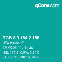 カラーコード: RGB 8.9 164.2 158 | qconv.com