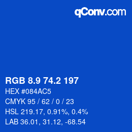 カラーコード: RGB 8.9 74.2 197 | qconv.com
