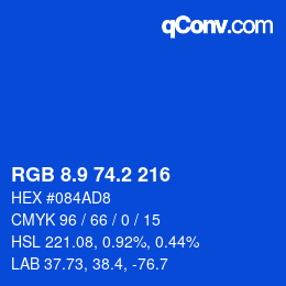 カラーコード: RGB 8.9 74.2 216 | qconv.com