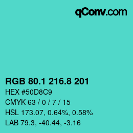 カラーコード: RGB 80.1 216.8 201 | qconv.com