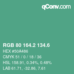 カラーコード: RGB 80 164.2 134.6 | qconv.com