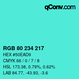 颜色代码: RGB 80 234 217 | qconv.com