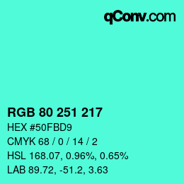 Color code: RGB 80 251 217 | qconv.com