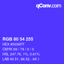 Color code: RGB 80 54 255 | qconv.com