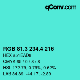 カラーコード: RGB 81.3 234.4 216 | qconv.com