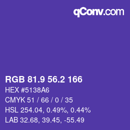 カラーコード: RGB 81.9 56.2 166 | qconv.com
