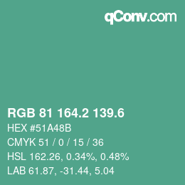 カラーコード: RGB 81 164.2 139.6 | qconv.com