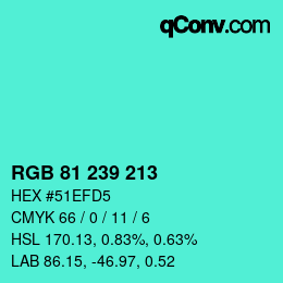 Color code: RGB 81 239 213 | qconv.com