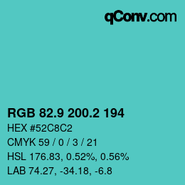 カラーコード: RGB 82.9 200.2 194 | qconv.com