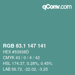 Color code: RGB 83.1 147 141 | qconv.com