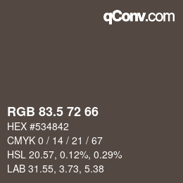 Color code: RGB 83.5 72 66 | qconv.com