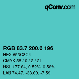カラーコード: RGB 83.7 200.6 196 | qconv.com