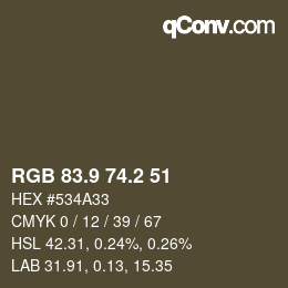 カラーコード: RGB 83.9 74.2 51 | qconv.com