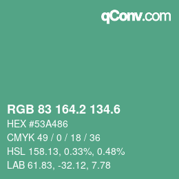 カラーコード: RGB 83 164.2 134.6 | qconv.com