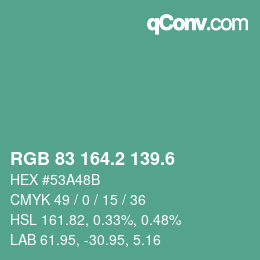 カラーコード: RGB 83 164.2 139.6 | qconv.com