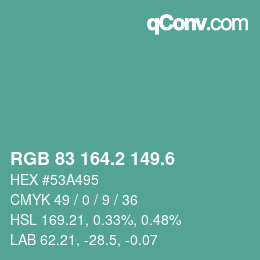 カラーコード: RGB 83 164.2 149.6 | qconv.com