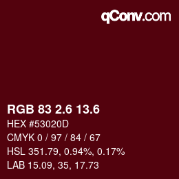 カラーコード: RGB 83 2.6 13.6 | qconv.com