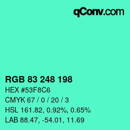 カラーコード: RGB 83 248 198 | qconv.com