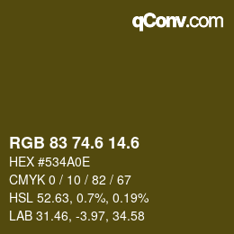 カラーコード: RGB 83 74.6 14.6 | qconv.com