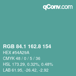 カラーコード: RGB 84.1 162.8 154 | qconv.com
