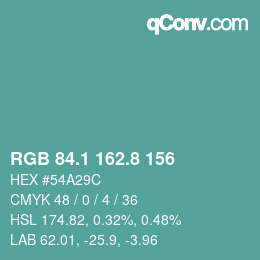 カラーコード: RGB 84.1 162.8 156 | qconv.com