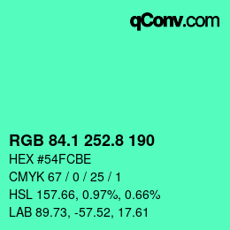 カラーコード: RGB 84.1 252.8 190 | qconv.com